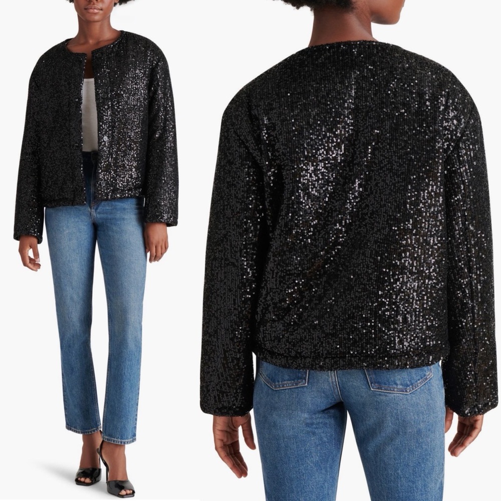 Steve Madden Sequin Crop Puffer Jacket Black New